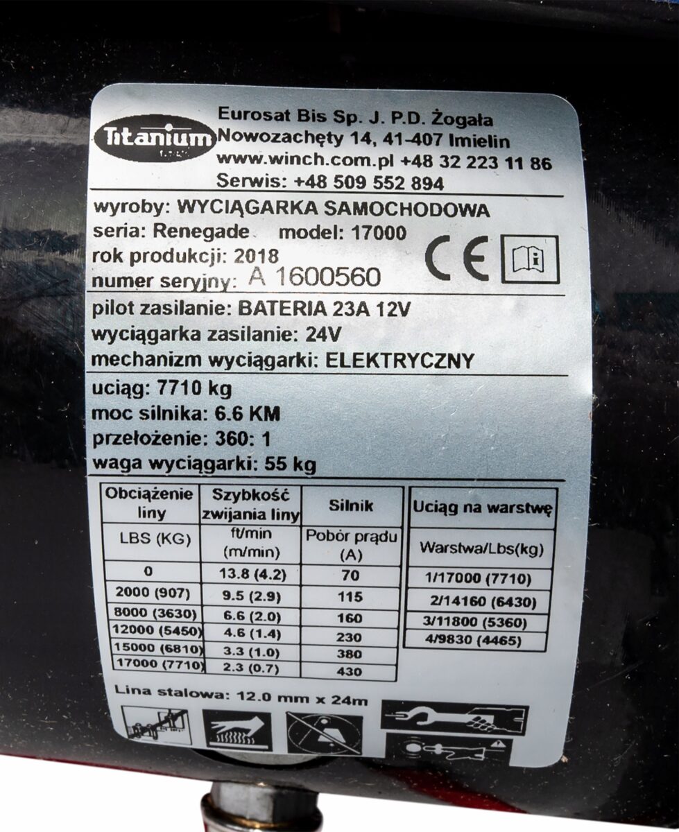 WYCIĄGARKA SAMOCHODOWA ELEKTRYCZNA TITANIUM RENEGADE 17000Lb 7,7 24V - obrazek 9